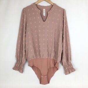 Women’s Chanel Polka Dot Bodysuit Blouse Top Pink Balloon Sleeve Size L By B